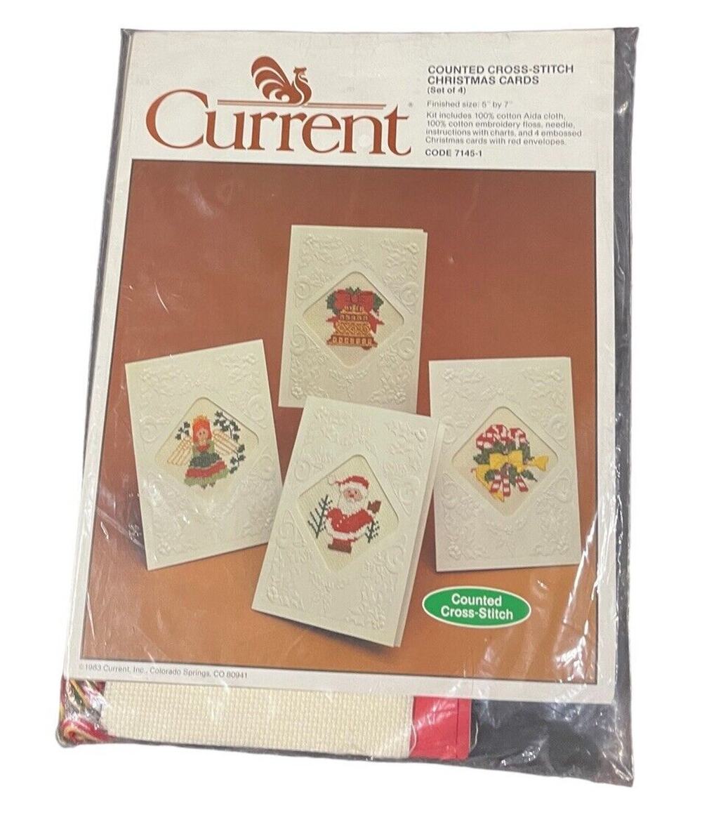 Vtg Current Counted CrossStitch Christmas 4 Cards 1983 Kit NEW 7145-1 5x7 Granny